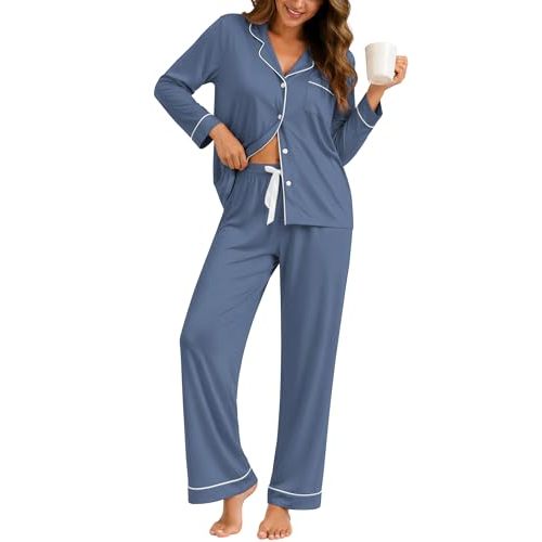 ZMJ Womens Pajama Sets 2 Piece Long Sleeve Button Down Sleepwear with Pants | Soft Stretch Fabric, Relaxed Fit and Contrast Piping for Lounging, Travel, Bridal Parties, Daily Wear and Gifting