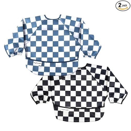 Tiny Twinkle Long Sleeve Bib for Babies & Toddlers |2-Pack Waterproof Smock Bib for Eating | Machine Washable and Mess-Proof Feeding Essentials | Newborn Shower Gift (Black, Blue Checkers, 6-24M)