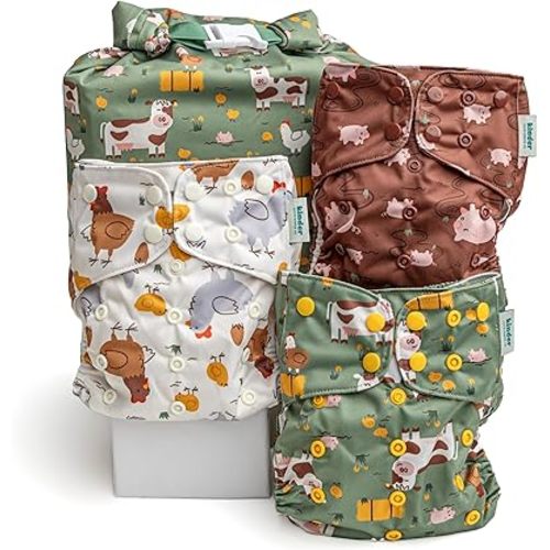 Kinder Cloth Diapers Reusable Baby Diapers Pocket Style Athletic Wicking Jersey, Wet Bag, Newborn to Potty Training 7-60lbs, One Size, Inserts NOT Included (On the Farm, 3 Pack, Without Inserts)