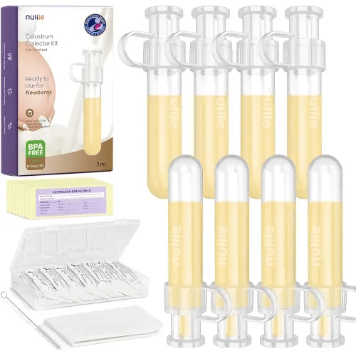 Nuliie Colostrum Collector Kit 7ml/8pcs, Leakproof, Reusable Breast Milk Collector, Heat & Freezer Resistant, BPA-Free, With Cotton Cloth Wipe, Storage Case, Cleaning Brush - Ready-to-Use for Newborns