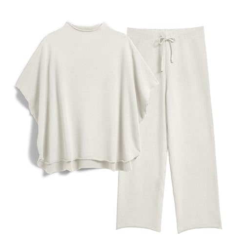 SeeLuNa Women's Two Piece Outfits 3/4 Batwing Sleeve Capelet Crew Neck Pullover Top Wide Leg Pants Lounge Set