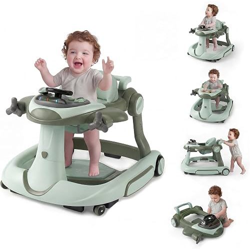 Baby Walker with Wheels, 7 in 1 Foldable Activity Center with Adjustable Height & Speed, Removable Footrest, Detachable Music Panel, Lights, Infant Walker for Boys and Girls (Sage Green)