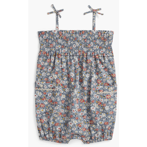 Floral Smocked Bodice Cotton Poplin Romper, 9M
