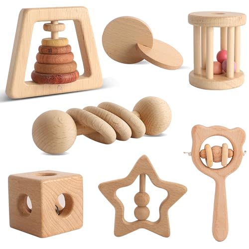 Wooden Rattles for Baby, 7PCS Wooden Montessori Toys for 7-24 Months Baby Boy Girl, Natural Beech Wood Grasping Toy, Gift for Babies