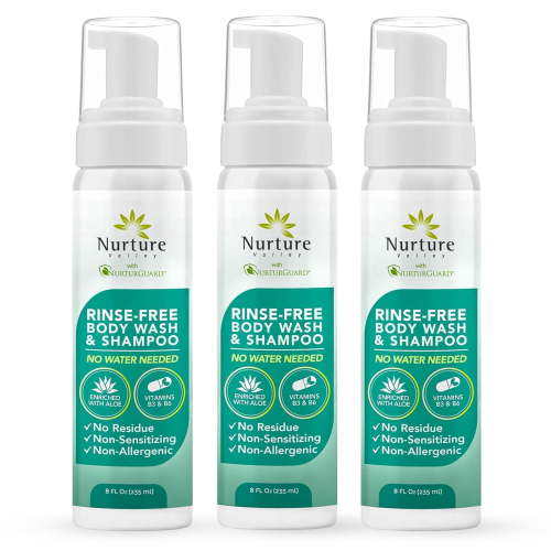 Nurture Rinse-Free Body Wash & Shampoo, 8 oz No-Rinse Waterless Cleansing Foam with Aloe Vera for Hair & Body, Sensitive Skin, Women & Elderly, 3 Pack