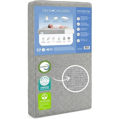 Delta Children Sweet Beginnings Dual Sided Baby Crib Mattress and Toddler Mattress, GREENGUARD Gold and CertiPUR-US Certified, Firm Plant-Based Foam, Waterproof, 5 Year Warranty, Made in USA