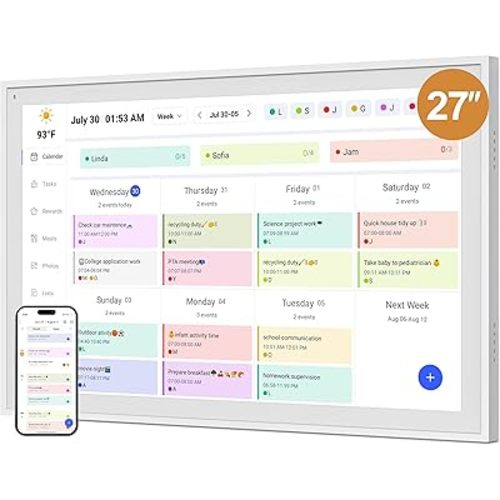 Digital Calendar, Smart WiFi Electronic Calendar&Chore Chart, IPS Touch Screen HD Display for Family Schedules, Share Moments Instantly from Anywhere (White, 27)