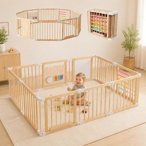 Wooden Baby Playpen, Foldable Baby Safety Fence, 10 Panels