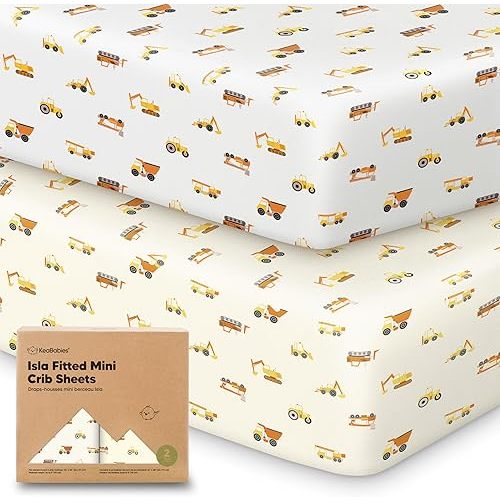 Pack and Play Sheets Fitted - 2-Pack Mini Crib Sheets for Pack N Play Mattress 38x26, Soft & Cozy, Neutral Toddler Playard Bedding, Snug Fitted Mini Baby Crib Mattress Cover Boy, Girl (Construction)