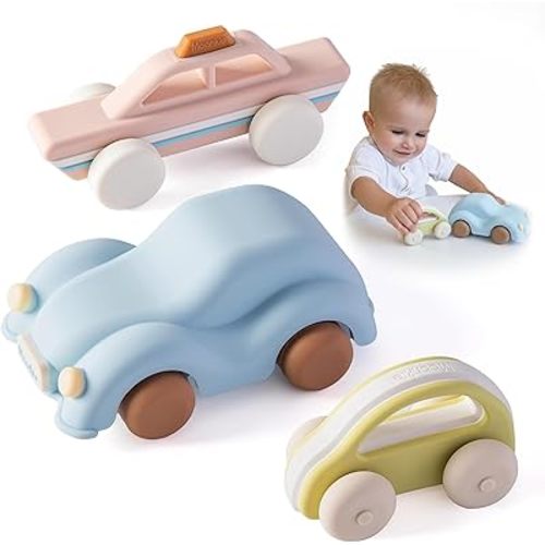 Moonkie Food Grade Silicone Toy Cars for Babies & Toddlers, Push and Go Baby Car Toys 6–12 Months, Hollow Design Infant Toys, Baby Teething Toys 4–6 Months, Birthday Gifts for Boys & Girls, 3 Pack