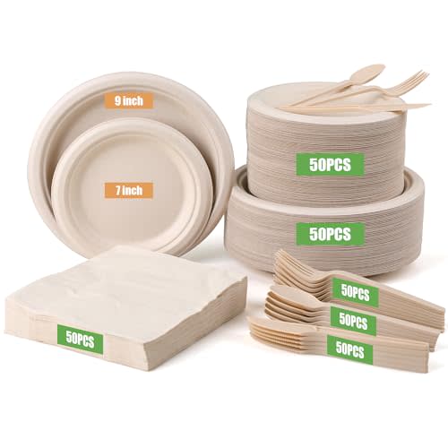 BSDPREF 300 Pack Paper Plates Set Party Supplies Severs 50 Guests Disposable Party Plates Sugarcane Forks Knives Spoons Heavy-Duty Paper Plate Bagasse Natural Compostable Eco-Friendly Birthday Wedding