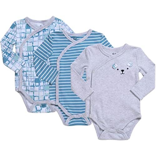 Asher and Olivia Baby Boy's 3-Pack Long-Sleeve Kimono Bodysuit Set: Side Snap Infant Clothes Bundle