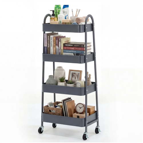 EDX 4-Tier Rolling Cart, 132 lbs Metal Utility Cart Storage Organizer with Lockable Casters, Multi-Functional Mesh Rolling Storage Cart for Kitchen Office, Gray