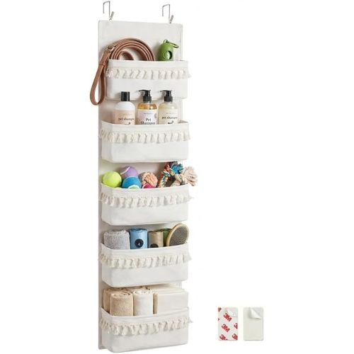 Over The Door Organizer, 5-Tier Sturdy Canvas Hanging Storage for Pet Supplies & Dog Walking Gear, Heavy Duty Large Pockets for Leashes, Treats, Toys, Multi-Use for Nursery & Closet (Beige)
