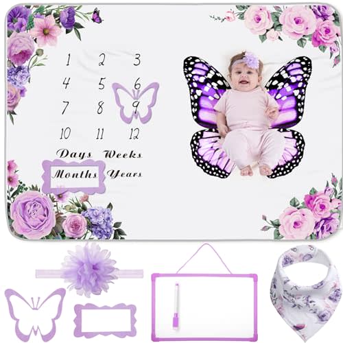 Chumia 6 Pcs Baby Monthly Milestone Blanket for Girl 60" x 40" Butterfly Milestone Blanket Age Photo Photography Backdrop with Newborn Calendar Growth Chart Bib Headband(Purple,Butterfly Pattern)