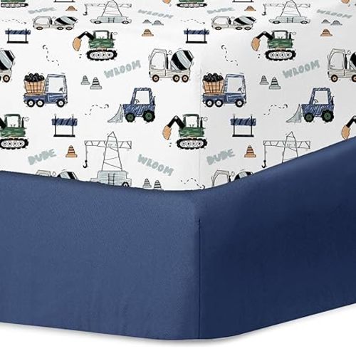 Little Grape Land Crib Sheets for Boys and Girls, 2pk Baby Crib Fitted Sheet for Standard Size Crib and Toddler Mattress, Super Soft Baby Sheet (Navy Trucks)
