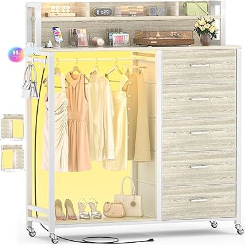 Cyclysio Dresser for Bedroom with Clothes Rack & Shelves, 5 Fabric Drawers Dresser with Charging Station & LED Lights, Chest of Drawers with Lockable Wheels, Storage Shelves, Closet, Entryway