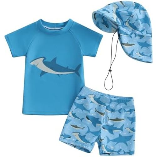 Baby Boy Swimsuit Set Toddler Rash Guard Swimwear Short Sleeve Swim Shirt Trunks with Sunhat 3Pcs Beachwear