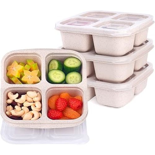 4 Pack Snack Containers, 4 Compartments Snackle Box Container, Meal Prep Reusable Lunchable Container for Adults, Microwave Dishwasher Safe, Food Storage Containers for Work Travel