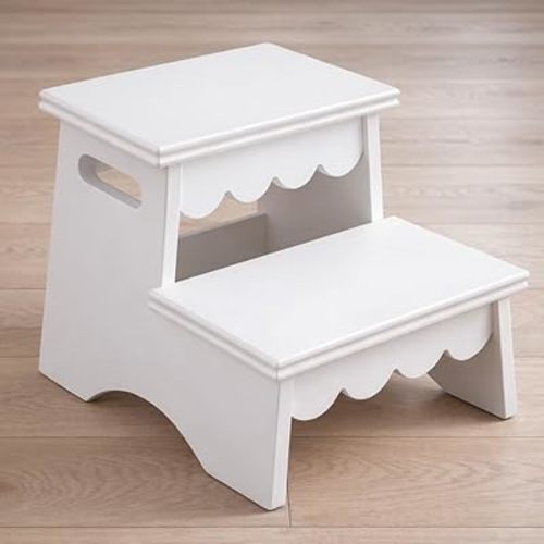CAALMA Toddler Step Stool, Wooden Step Stool for Toddlers, Scalloped Kids Step Stool for Bathroom, Bedroom & Kitchen, Non Slip A-Shaped Toddler Bathroom Step Stool, Montessori Two Step Stool for Kids