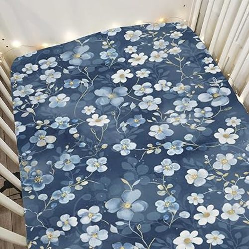 Wonderful Flowers Baby Crib Sheets for Boy Girl 52x28Inch Vintage Blue Floral Soft Stretchy Fitted Crib Mattress Cover Spring Summer Nursery Baby Sheet for Standard Crib and Toddler Bed Mattresses