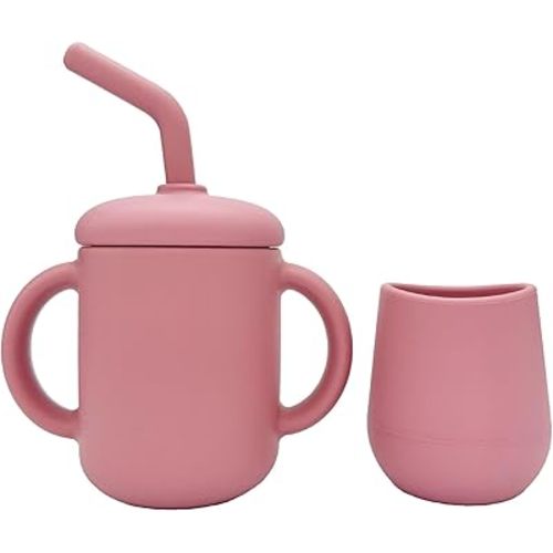 Silicone Training Cups - Drinking Training Straw Cup & Open Weaning Cup for Babies 6-12+ Months, Food-Grade BPA-Free Baby Led Weaning Drinking Set(Rose)