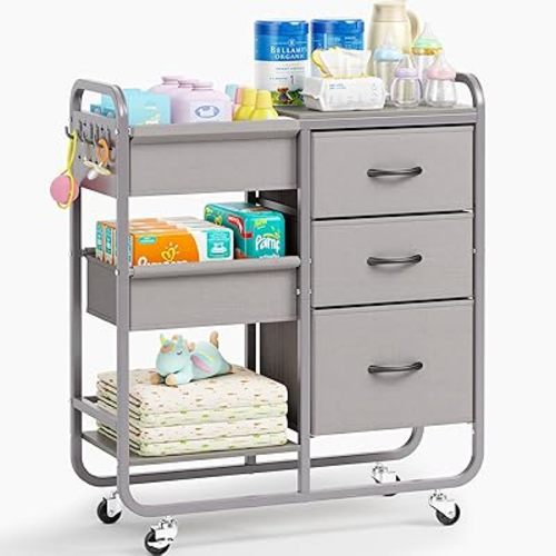 KINGRACK Baby Diaper Caddy Organizer and Storage Cart with Cloth Drawers | 3 Tier Metal Rolling Cart, 2-in-1 Large Capacity Mobile Utility Cart for Nursery, Bedroom, Changing Table & Crib