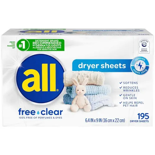 all Fabric Softener Dryer Sheets for Sensitive Skin, Free Clear, 195 Count