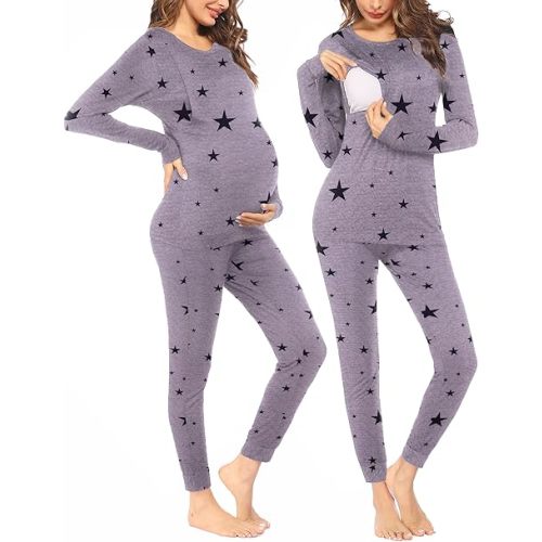 Ekouaer Nursing Pajama Set Long Sleeve Maternity Clothes Labor Pregnancy Pjs Breastfeeding Thermal Underwear Sleepwear