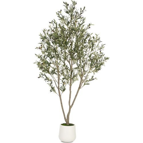 Olive Trees Artificial Indoor, 5FT Tall Faux Olive Tree with White Tall Planter, Artificial Plants with Natural Wood Trunk and Lifelike Fruits for Home Office Decor