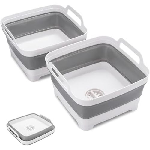 2 Pack Collapsible Wash Basin with Drain Plug, 2.4 Gal (9L), Gray