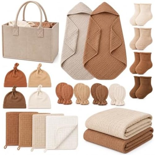 Ramede 21 Pcs Muslin Baby Gifts Baby Newborn Must Haves Towels Swaddle Blankets Bibs Hats Mittens Socks & Diaper Caddy