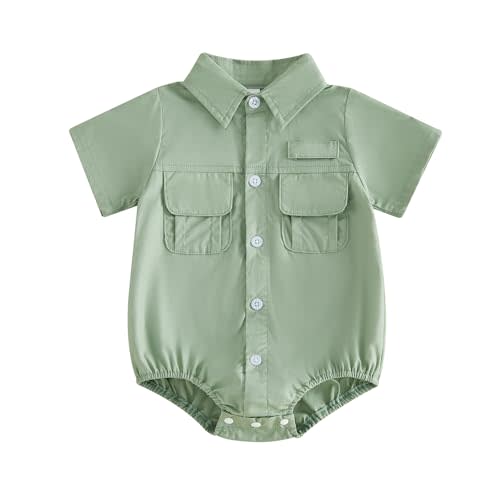 Kuriozud Newborn Baby Boy Clothes Button Down Shirt Romper Bodysuit With Pockets One Peice Outfit Infant Summer Clothing