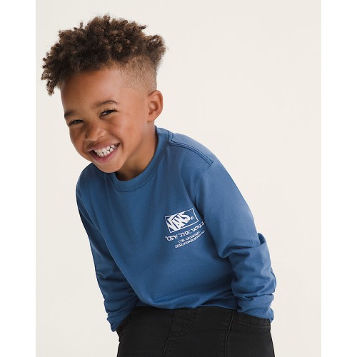 Little Kids Checker Bones Long Sleeve T-Shirt in True Navy Blue | Vans