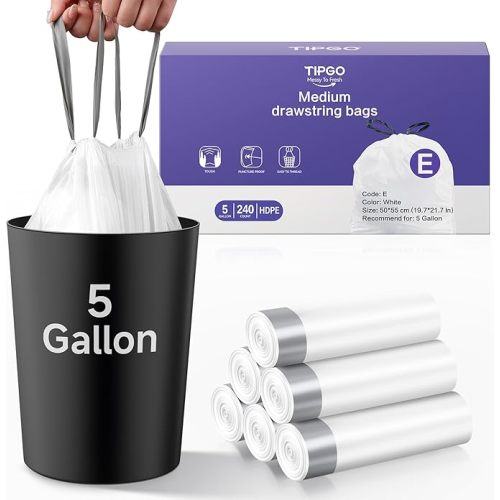 TIPGO 5 Gallon Trash Bags Drawstring, Pre-Cut Strong Wastebasket Bin Liners, White Garbage Bags for Home, Office, Bathroom (Code E, 240 Count)