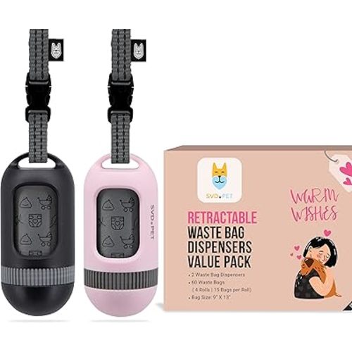 SVD.PET [2-Pack] Retractable Waste Bag Dispensers Gift Set, 2 Pet Waste Bag Holders with 60 large Waste Bags, Dog Walking Accessory Gift Value Pack (Black & Primrose Pink)