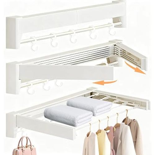 Wall Mounted Clothes Drying Rack 27 inches,Foldbale Laundry Drying Rack 6 Rods,Hidden Drying Rack Clothing,Retractable,Collapsible,Screws Needed Folding Laundry Rack (White, Medium)