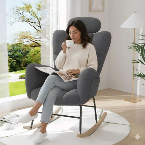 UHOMEPRO Modern Teddy Fabric Rocking Chair, Accent Rocker Chair with High Backrest, Accent Glider Rocker for Living Room Bedroom Playroom, Gray