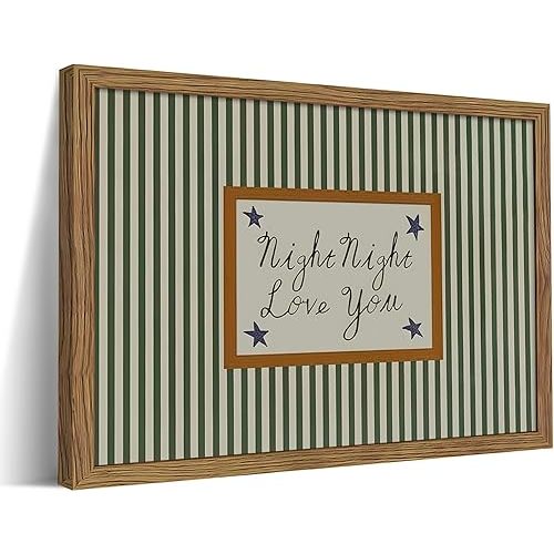 Vintage Green Wall Art, Mid Century Night Night Love You Stripe Canvas Wall Decor Painting, Modern Minimalist Nursery Striped Prints Pictures for Baby Room Kids Bedroom 16x24 Inch Framed