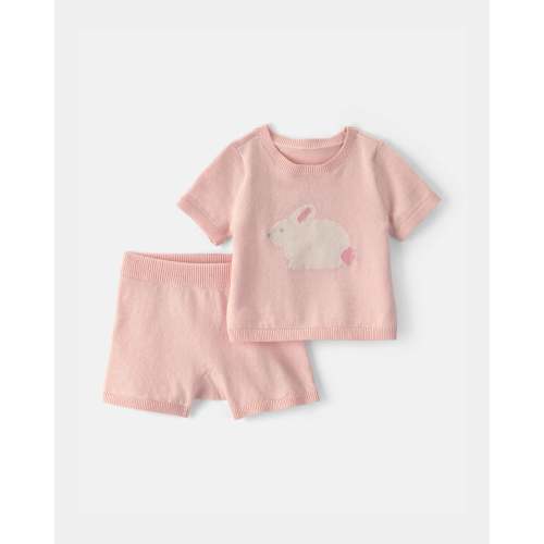 Baby Girl 2-Piece Bunny Short-Sleeve Sweater Top & Short Set - Pink