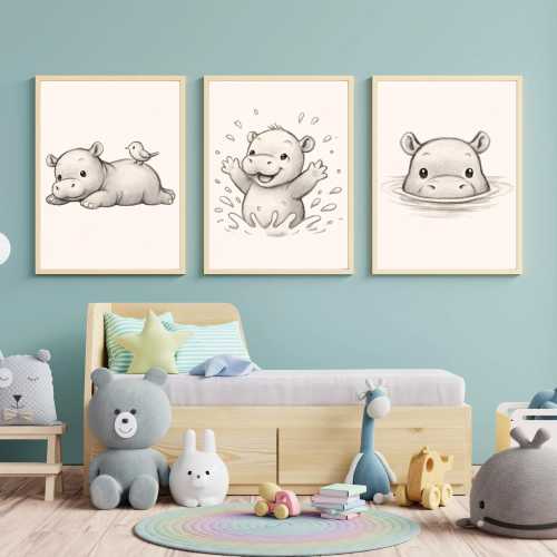 Hippo Nursery Art Prints Set of 3: Baby Animal Digital Download