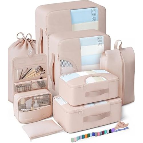 Veken 8 Set Packing Cubes for Travel, Beach Vacation Essentials Accessories for Cruise Ship, Suitcase Organizer Bags for Luggage with Hanging Toiletry & Shoe Bag, Birthday Gifts for Women Mom Her
