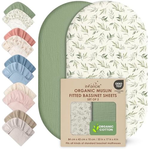 100% Organic Cotton Muslin Baby Bassinet Baby Sheet 33 X 17 Inch Soft Breathable Lightweight Stretchable Bed Sheet 2 Pack Gentle On Skin Durable Snug Fit Sheet for Newborn Bassinet Mattress