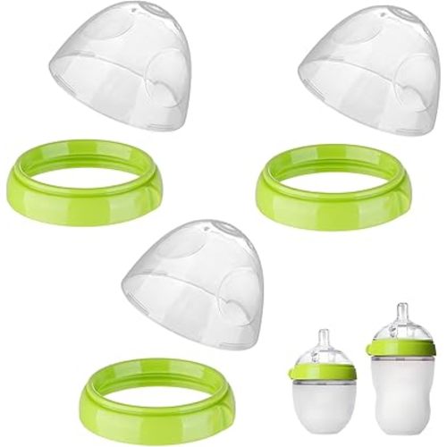 Dome Caps with Nipple Rings Set Compatible for Comotomo Baby Bottles, Replacements Screw Collars with Dome Lids for Como tomo, Set of 3