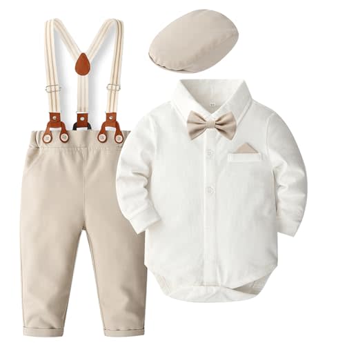 SALNIER Baby Boy Dress Suit Clothes Sets Infant Tuxedo Gentleman Suits Outfits Bowtie Shirt Suspenders Pants Beret Hat