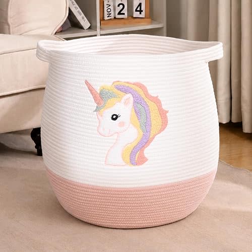 Large Baby Laundry Basket, Laundry Hamper for Baby, Toy and Blanket Storage Basket, Cotton Rope Baskets for Organizing 17.7"x15.7", Unicorn