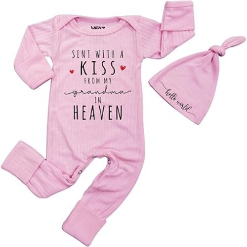 Sent With A Kiss From My Grandma In Heaven Newborn Bodysuit and Hat Gender Neutral Baby Clothes Shower Gift