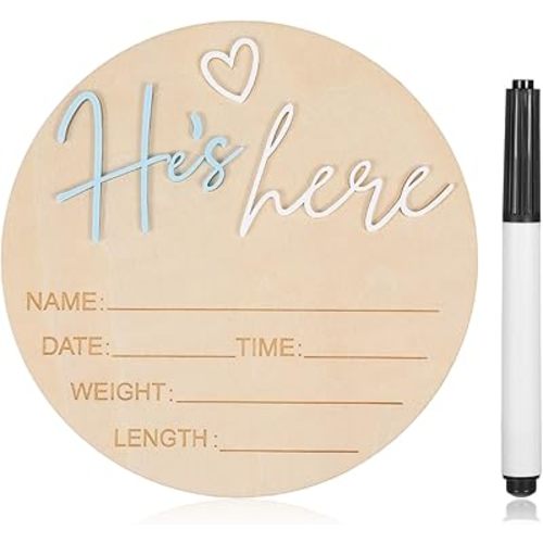 Baby Announcement Sign with Pen, 5.9 Inch Wooden Hello World Newborn Sign, Birth Announcement Board, He's here Decoration, Welcome Newborn Arrival To World, Hospital Nursery for Baby