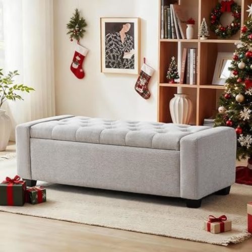 48" Ottoman with Storage, Storage Ottoman Bench with Safety Hinge, Upholstered Entryway Bench with Seating for Bedroom, Living Room, Holds up to 330 lb(Light Gray)