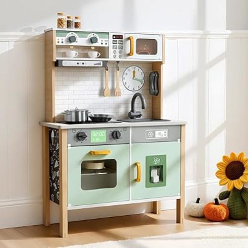 Play Kitchen Wooden Kids Kitchen Playset Pretending Toys for Toddlers with Real Lights & Sounds, 3 Heights Adjustable, Chalkboard, 35Pcs Toy Food & Cookware Accessories-Green